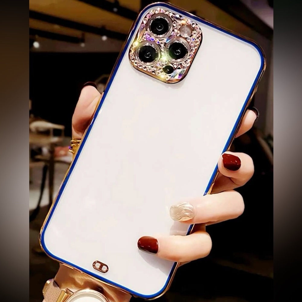 Blue iPhone 12 Rhinestone Decor Contrast Frame Phone Case